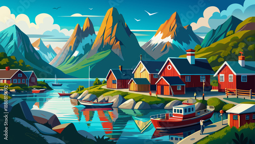 Very beautiful panoramic view of Reine fishing village in the Lofoten Islands, Norway, reveals dramatic peaks, turquoise waters, and iconic red cabins framed by Arctic coastal serenity.