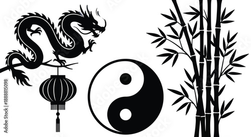 2026 Minimalist Chinese Cultural Symbols Silhouette Set: Featuring Traditional Dragon, Yin Yang Balance, Zen Bamboo, and Paper Lantern — High-Resolution Black and White Vector Illustration for Lunar N