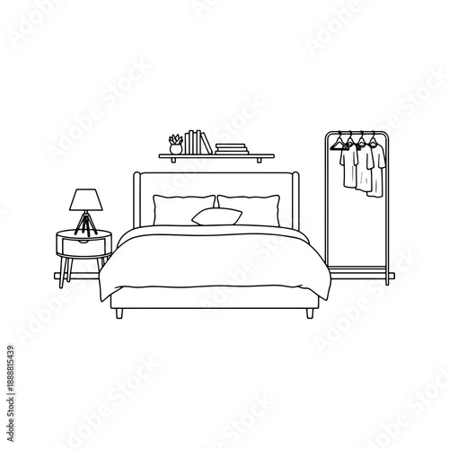 Minimalist bedroom interior line art illustration with bed, bedside table, and clothes rack