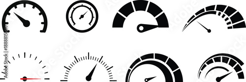 Speedometer icon set. Performance level dial bar vector illustration. Power level measure symbol. Infographic dashboard chart with arrow sign. High, medium and low risk control panel. Progress scale.