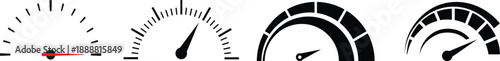 Speedometer icon set. Performance level dial bar vector illustration. Power level measure symbol. Infographic dashboard chart with arrow sign. High, medium and low risk control panel. Progress scale.