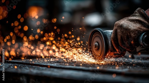Gloved hand uses angle grinder, fiery sparks illuminate dark workspace. Perfect for industry, craftsmanship, construction, or hard work concepts.
