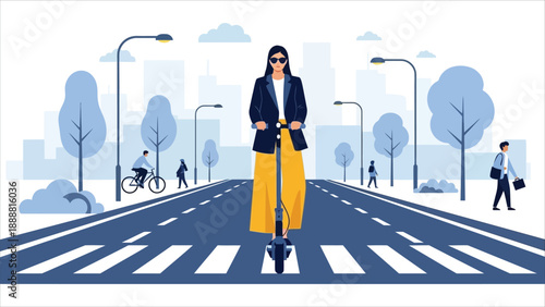 Woman riding electric scooter in city street illustration.eps