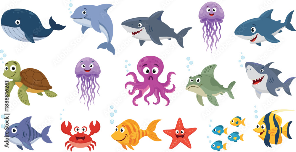 Obraz premium Cute Cartoon Marine Animals Vector Set with Whale Shark Dolphin Turtle Octopus Fish Crab and Starfish for Kids Education and Ocean Designs
