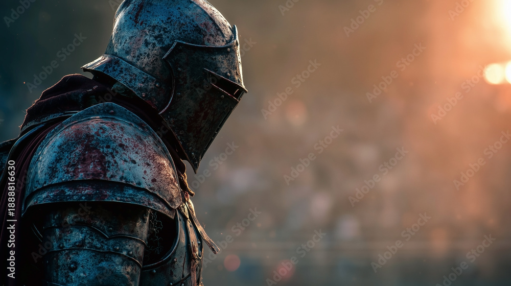 Fototapeta premium A knight in a suit of armor is standing in front of a crowd