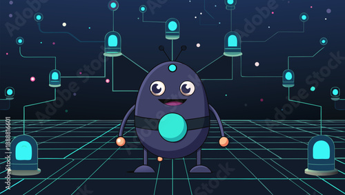 A 3d cartoon illustration of a business alien in a technology spaceship traveling through a night galaxy filled with stars and planet symbols near the earth globe and moon
