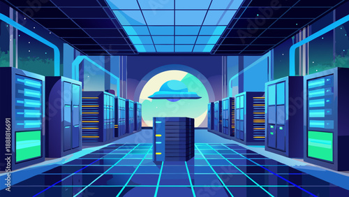 A futuristic blue glass corridor design features an empty architectural tunnel of light reflecting off the polished floor of a modern urban station or business hall interior