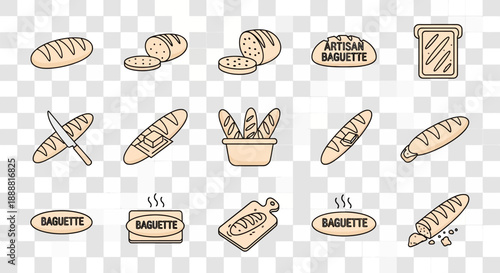A collection of various baguette illustrations including whole, sliced, and artisan bread designs in a simple line art style.