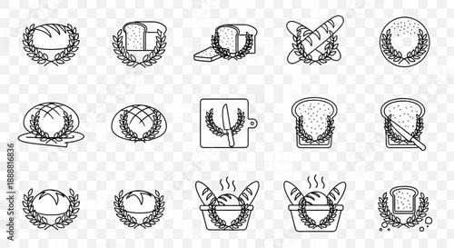 Collection of outline icons featuring various bread types, baguettes, and toast, often adorned with a laurel wreath, symbolizing bakery products and baking.