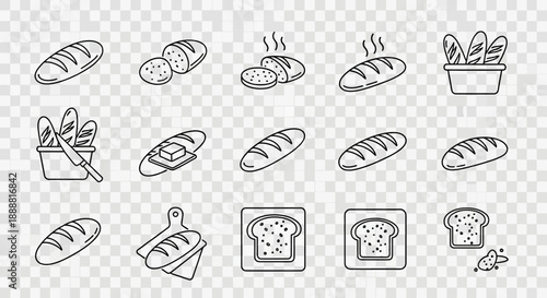 A collection of line art icons depicting various types of bread, including whole loaves, sliced bread, hot bread, baguettes, and toast.