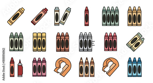 Collection of colorful crayon illustrations and sharpeners for drawing and art activities.