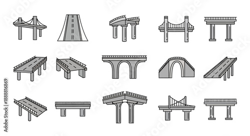 A diverse collection of bridge and road infrastructure designs, presented as simple grey line art icons on a white background.