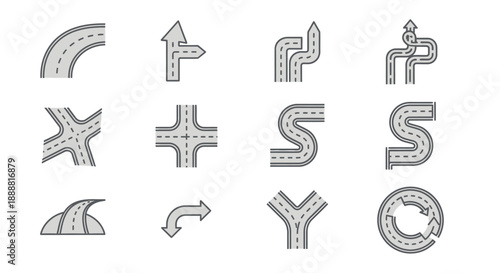 A collection of grey road and path icons showing various turns, intersections, curves, and a roundabout on a white background.