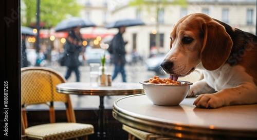 Dog eating at outdoor cafe