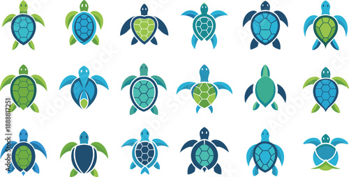 Sea Turtle Icon Illustration Set Featuring Colorful Marine Turtle Symbols in Flat Style for Apps, Logos, Education, Infographics, and Modern Vector Design