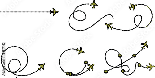 The image illustrates a variety of airplane trajectories represented by black lines in different shapes, including straight lines, circles, and curves. This design effectively showcases the diverse pa