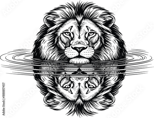Lion Face Reflection in Water Black and White Vector Illustration Symbol of Strength, Power, Balance, and Wildlife Art