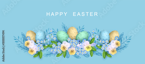 Happy Easter banner with flowers and Easter eggs. Spring Floral Banner