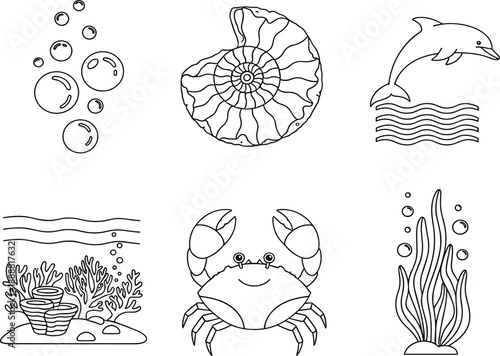 Ocean life outline vector set with crab, dolphin, seashell, bubbles, coral reef, seaweed and underwater elements for coloring pages