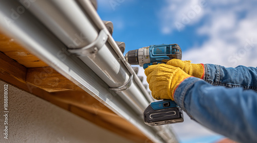 A person wearing yellow gloves is drilling into a gutter with a power drill outside under a blue sky