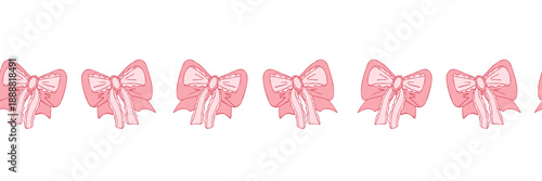 Seamless border frame with vintage bows for Valentine's Day decor. Decorative border in soft pink tones. Vector hand drawn illustration for cards, invitations, headers, Washi tape, scrapbooking