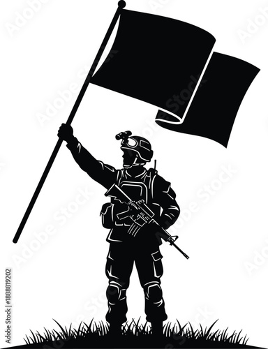 Armed Soldier Silhouette Holding Flag and Rifle, Military Victory, Patriotism and Tactical Combat Concept in Black and White Style