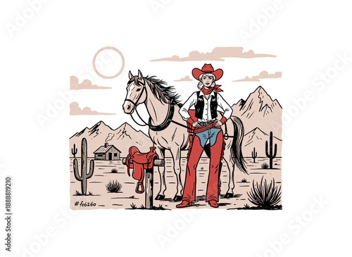 Cowgirl illustration in Western style. Vintage cowgirl woman with horse and saddle in desert scene. Wild west retro graphic art design. Cowboy lifesty