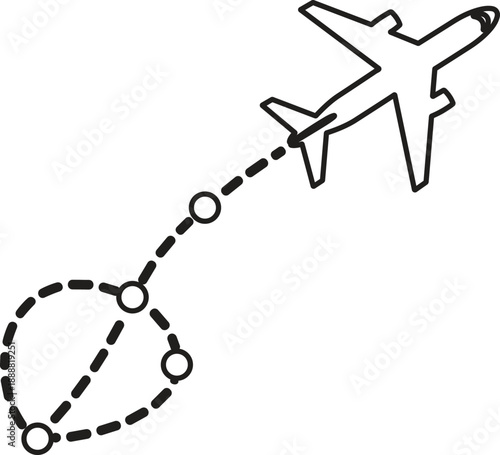 vector illustration  described features a black and white line drawing of an airplane in flight, positioned in the upper right corner and moving toward that same corner. The dotted line extending from
