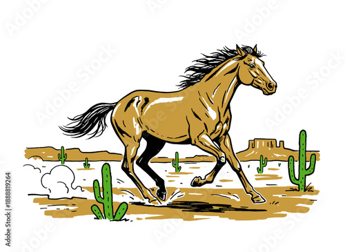 Retro horse gallop print. Desert wild west theme illustration. Fast running stallion artwork for t shirt print, poster, sticker, background