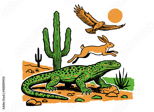 Desert fauna illustration for apparel design. Southwest wildlife artwork featuring lizard cactus and eagle. Vintage desert landscape print. t shirt pr