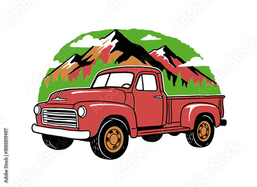 Vintage pickup truck artwork design for apparel. Mountain illustration outdoor adventure graphic. Retro truck illustration for t shirt print, poster,