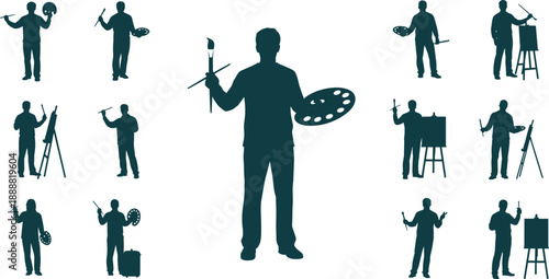 Artist silhouette illustration set featuring painter holding brush palette easel and canvas in various creative poses isolated on white background