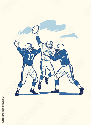 Football players fight for the ball illustration. Retro sport graphic design. Sport artwork for t shirt print, poster, sticker, background.