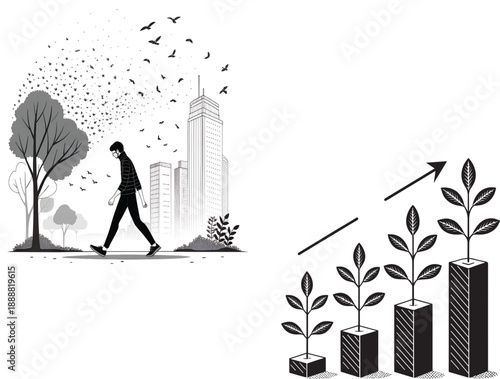 Urban Development and Growth: An illustration showcases a person walking through an urban landscape alongside a tree and birds, juxtaposed with a visual representation of business growth.
