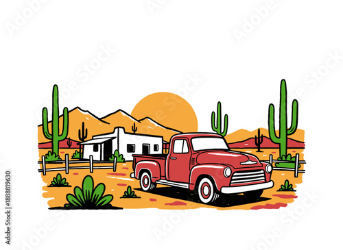 Vintage pickup truck artwork in desert scenery. Western trip graphic print design. Old ranch house illustration. Classic truck design for t shirt prin