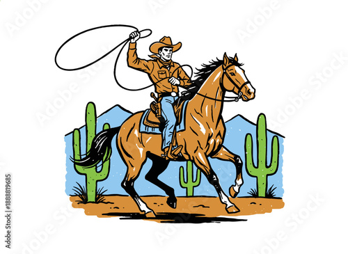 Wild West cowboy riding a horse artwork. Rodeo and rancher vintage graphics design. Desert adventure t shirt print, poster, sticker, background. Ameri