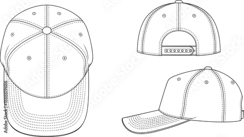Baseball cap technical line illustration showing front back and perspective views with stitching panels eyelets adjustable strap and curved brim details