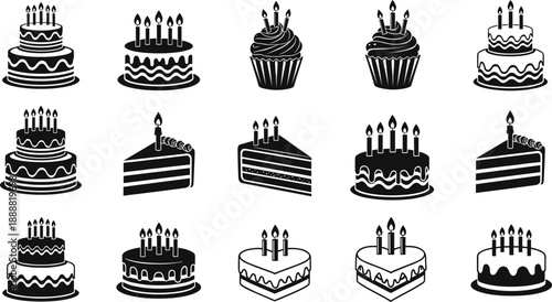 Birthday cake and cupcake silhouette icon set featuring candles layered cakes slices heart cakes and celebration dessert designs in clean graphic style