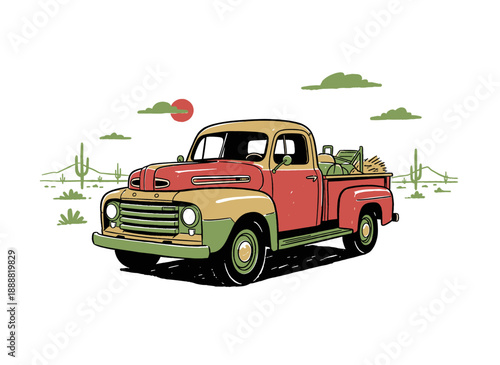 Vintage pickup truck artwork. Desert drive graphic design. Old fashioned harvest truck print. Retro vehicle illustration for t shirt print, poster, st