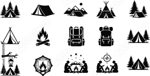 Camping outdoor adventure silhouette icon set featuring tents backpack campfire mountains forest compass lantern and wilderness exploration symbols