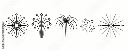 Set of Black Silhouette Fireworks Burst and Explosion Collection Vector Illustration, Celebration Firework Stars Sparkles Fountain Radial Burst Icons Pack