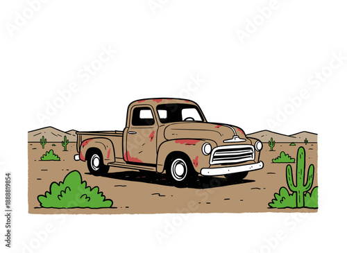 Vintage rusty truck in desert landscape design. Retro classic pickup car artwork. Old vehicle illustration for t shirt print, poster, sticker, backgro