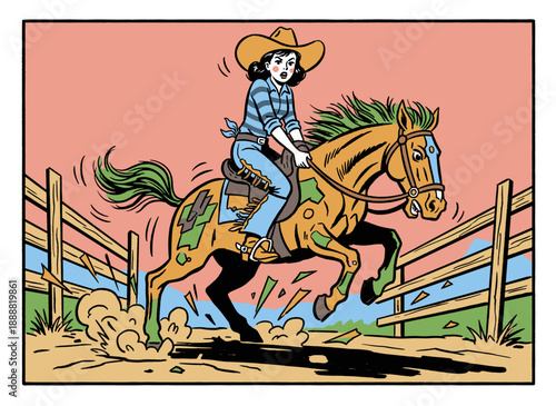 Cowgirl riding horse illustration vintage comic style. Western rodeo champion design. Wild west graphic print. Rider artwork for t shirt print, poster