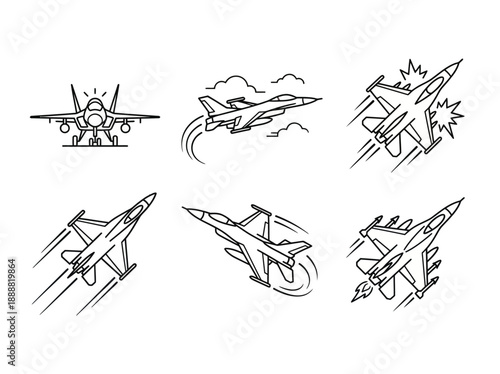 Set of Black Silhouette Fighter Jets and Military Aircraft Collection Vector Illustration, Jet Fighter Silhouettes in Flight with Missiles Speed Lines Icons Pack