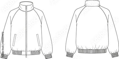 Bomber jacket technical line illustration showing front and back views with zipper pockets ribbed cuffs hem and apparel construction details