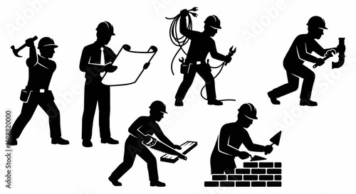 Set of Black Silhouette Construction Workers Collection Vector Illustration, Builders Laborers Bricklayer Plasterer Welder Helmet Tools Icons Pack