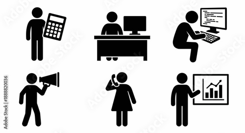 Set of Black Silhouette Business and Office People Collection Vector Illustration, Accountant Manager Presentation Speaker Analyst Icons Pack