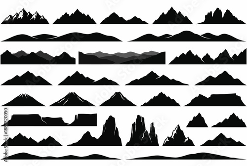 Set of Black Silhouette Mountain Ranges Collection Vector Illustration, Mountain Peaks Silhouettes, Landscape Horizons and Alpine Icons