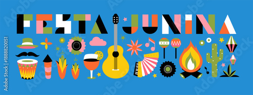 Festa junina poster with geometric pattern. Summer brazilian carnival banner with icons of music, lanterns, flowers, hats and flags. Geometric banner of june festival in Brazil, vector illustration