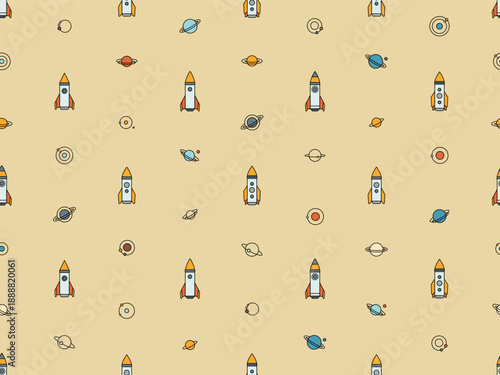 Space seamless pattern with planets, moons and rockets. Abstract cosmic background, celestial pattern with cute planets with orbits and satellites, vector illustration. Cosmos icons with spaceship and